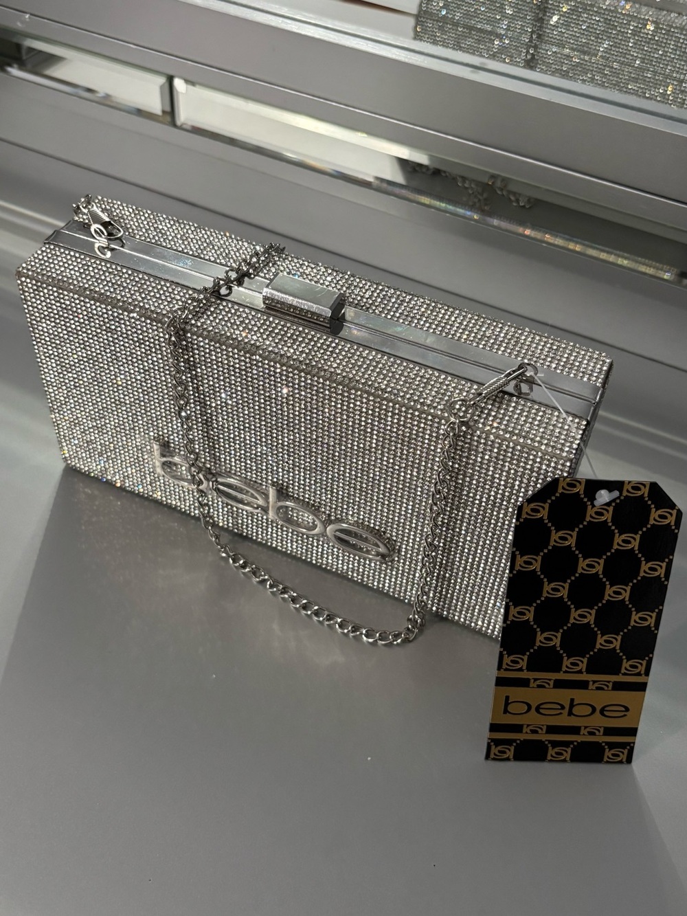 BEBE Silver Crystal Logo Evening Clutch - Picture 8 of 9